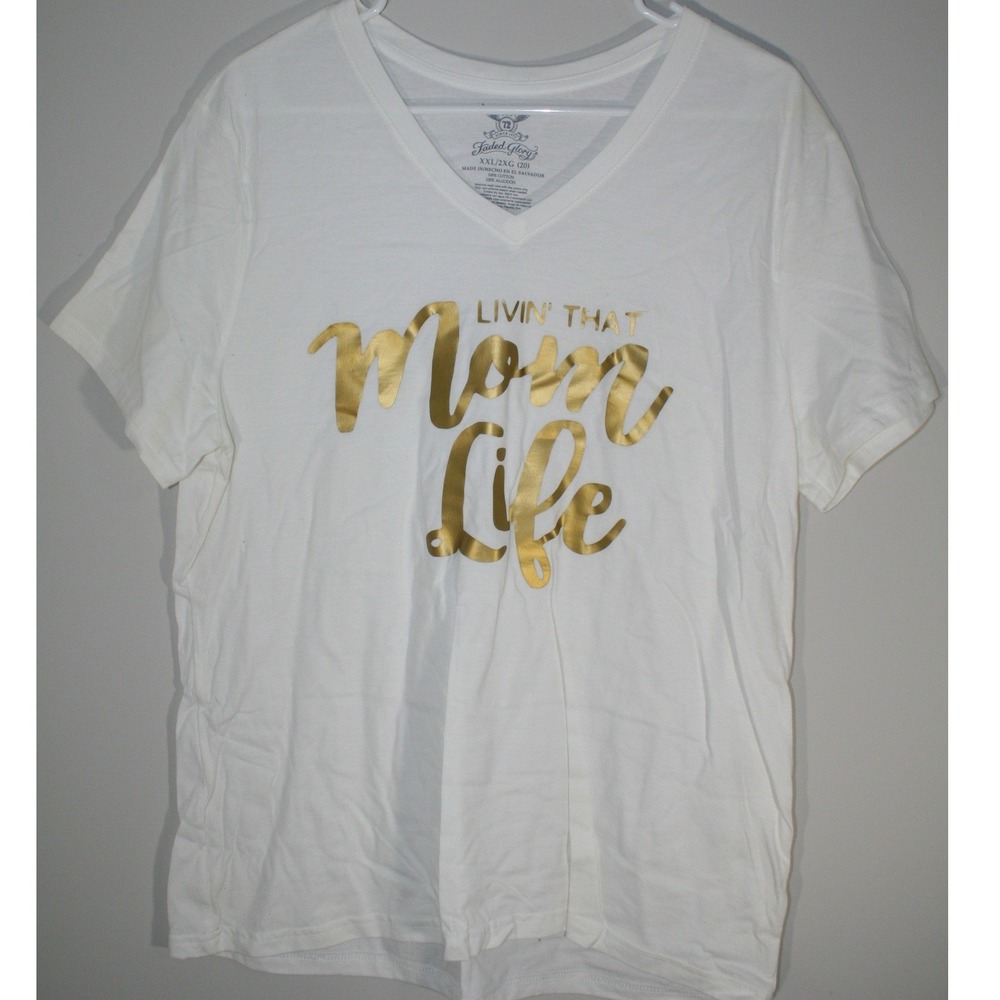 Faded Glory Womens XXL White Livin That Mom Life Gold Graphic V-Neck T-Shirt